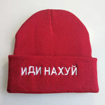 Knitted Black Wool Hat with Russian Inscription ИДИ НА ХУЙ - Fashionable Winter Cap for Warmth and Style - Buzzastore