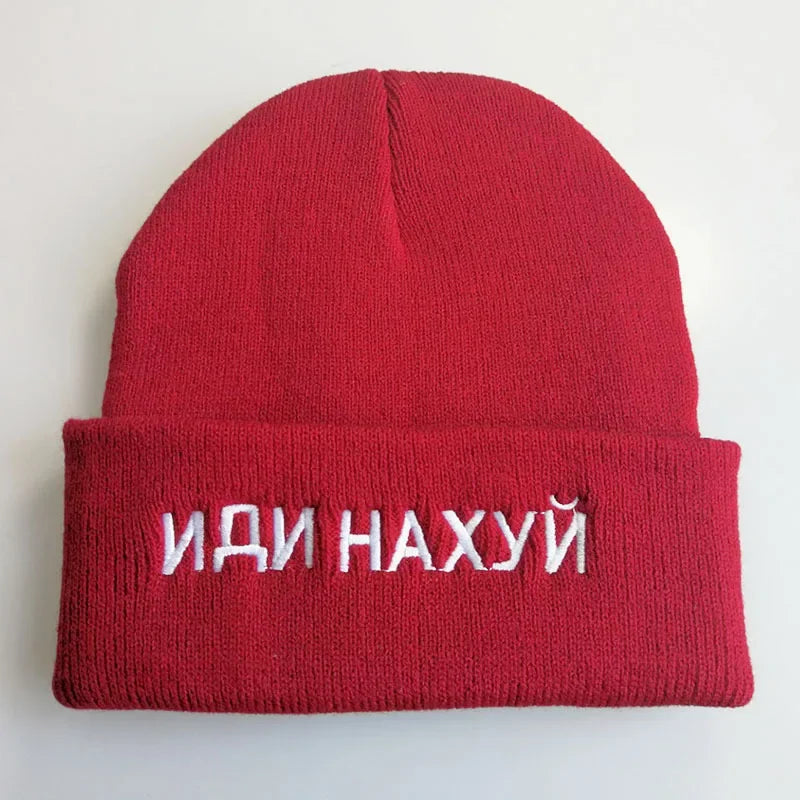 Knitted Black Wool Hat with Russian Inscription ИДИ НА ХУЙ - Fashionable Winter Cap for Warmth and Style - Buzzastore