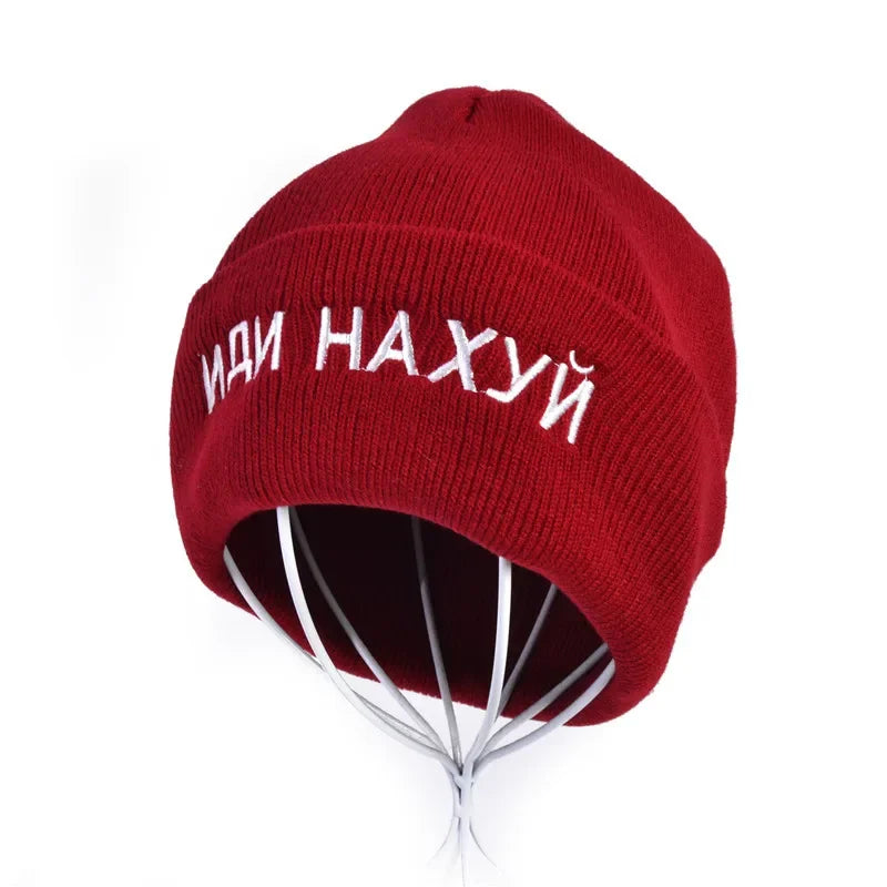 Knitted Black Wool Hat with Russian Inscription ИДИ НА ХУЙ - Fashionable Winter Cap for Warmth and Style - Buzzastore