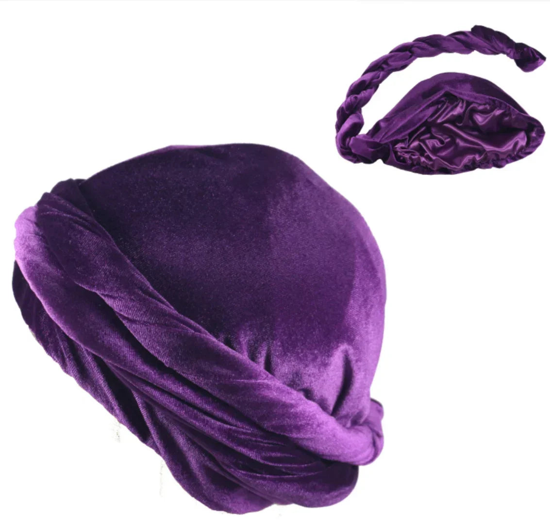 Satin-Lined Mens Turban Hat Stretchy Velvet Headwrap Hip Hop Cap for Comfort and Chemo Support - Buzzastore