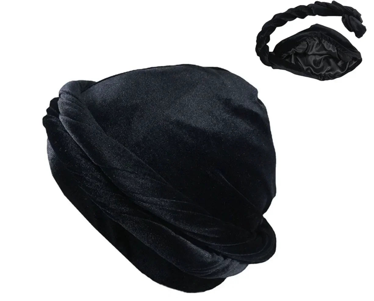 Satin-Lined Mens Turban Hat Stretchy Velvet Headwrap Hip Hop Cap for Comfort and Chemo Support - Buzzastore