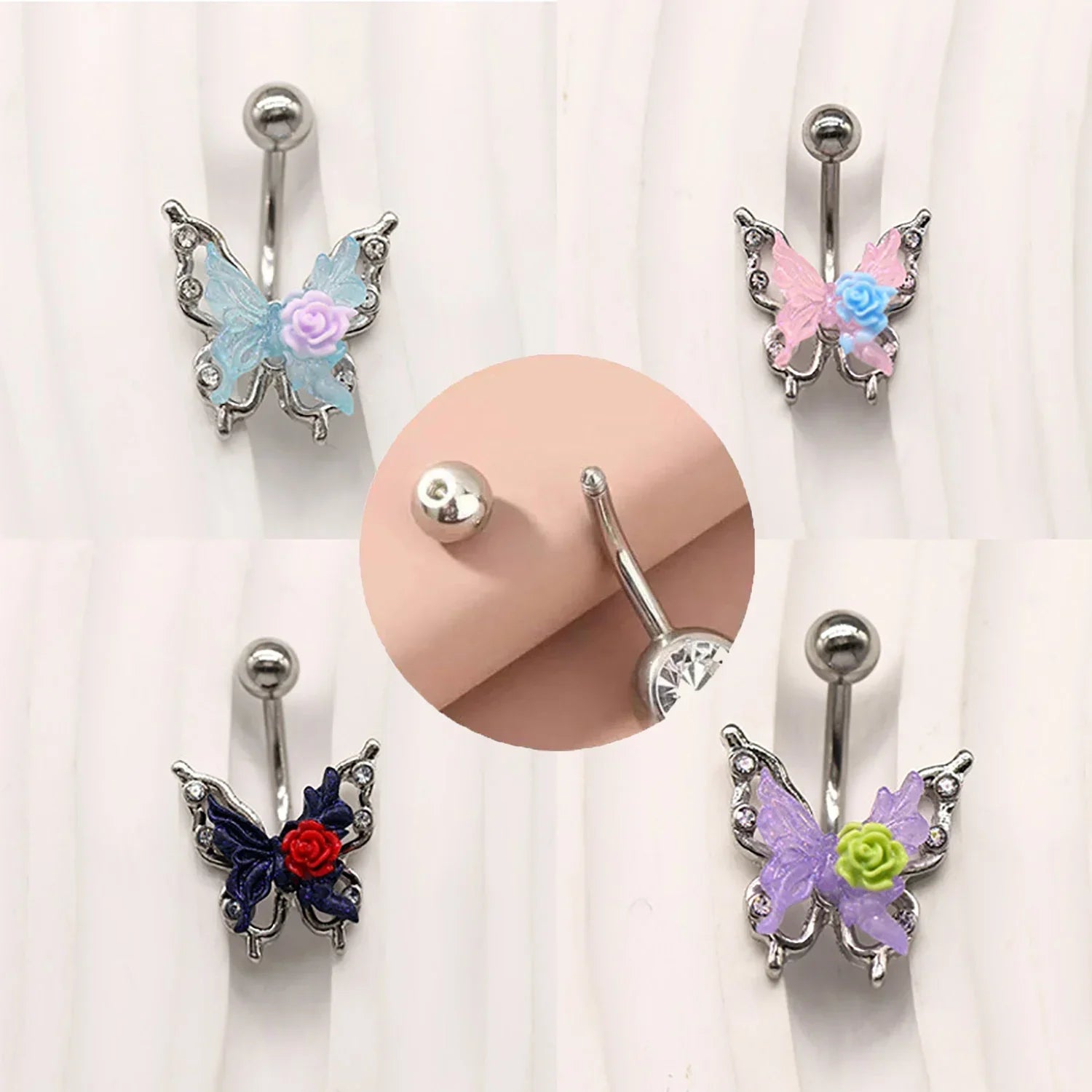 Rose Butterfly Belly Button Ring - Punk Gothic Flower Navel Barbell Jewelry for Women - Buzzastore