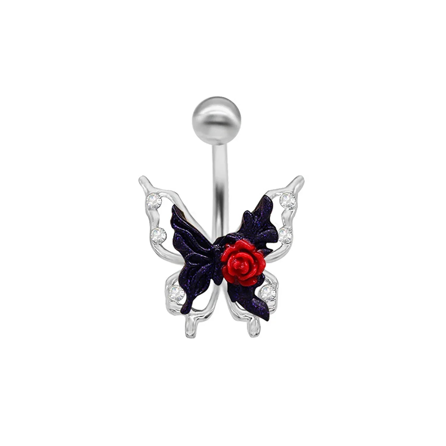 Rose Butterfly Belly Button Ring - Punk Gothic Flower Navel Barbell Jewelry for Women - Buzzastore