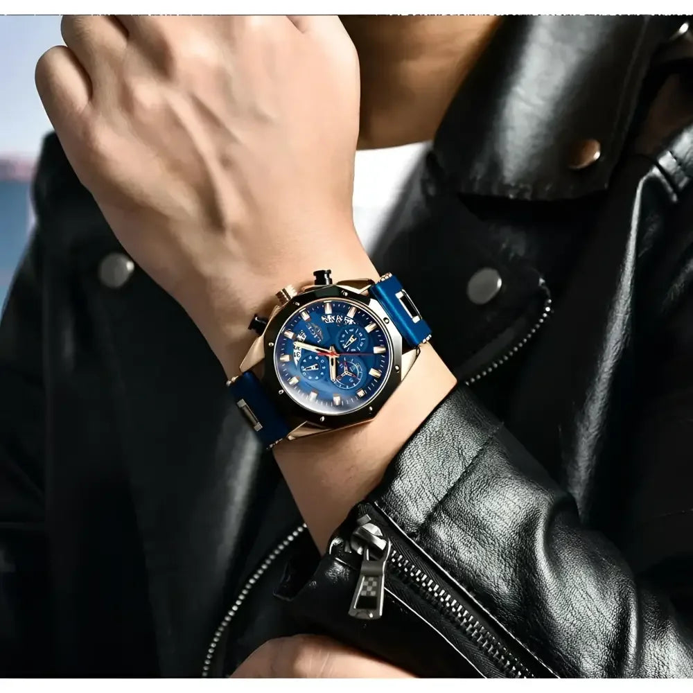 Blue Gold Chronograph Watch - Stylish Jewelry Accessory for Men - Buzzastore