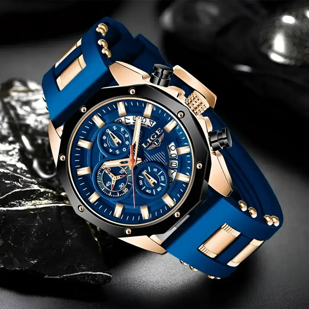 Blue Gold Chronograph Watch - Stylish Jewelry Accessory for Men - Buzzastore