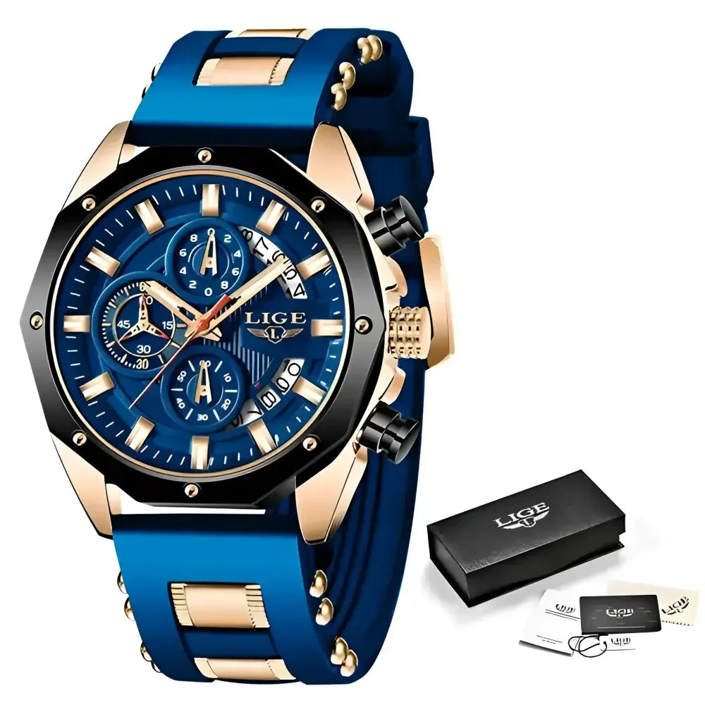 Blue Gold Chronograph Watch - Stylish Jewelry Accessory for Men - Buzzastore