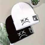 Sad Face Embroidered Beanie - Trendy Graphic Knit Hat for Casual Style - Buzzastore