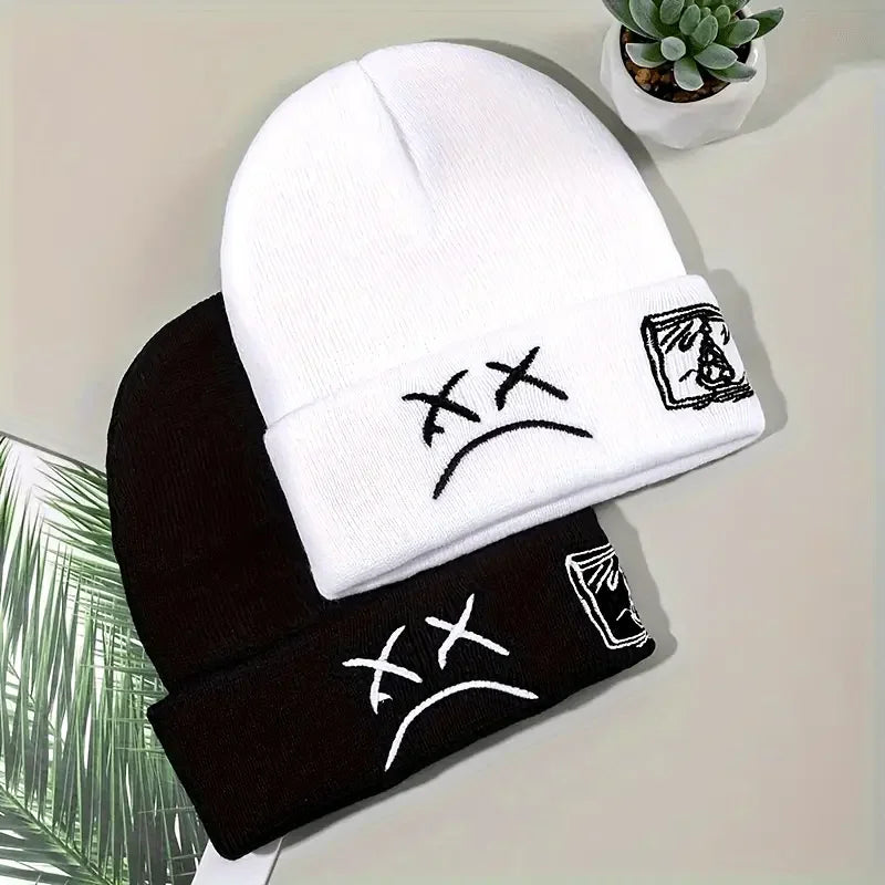 Sad Face Embroidered Beanie - Trendy Graphic Knit Hat for Casual Style - Buzzastore