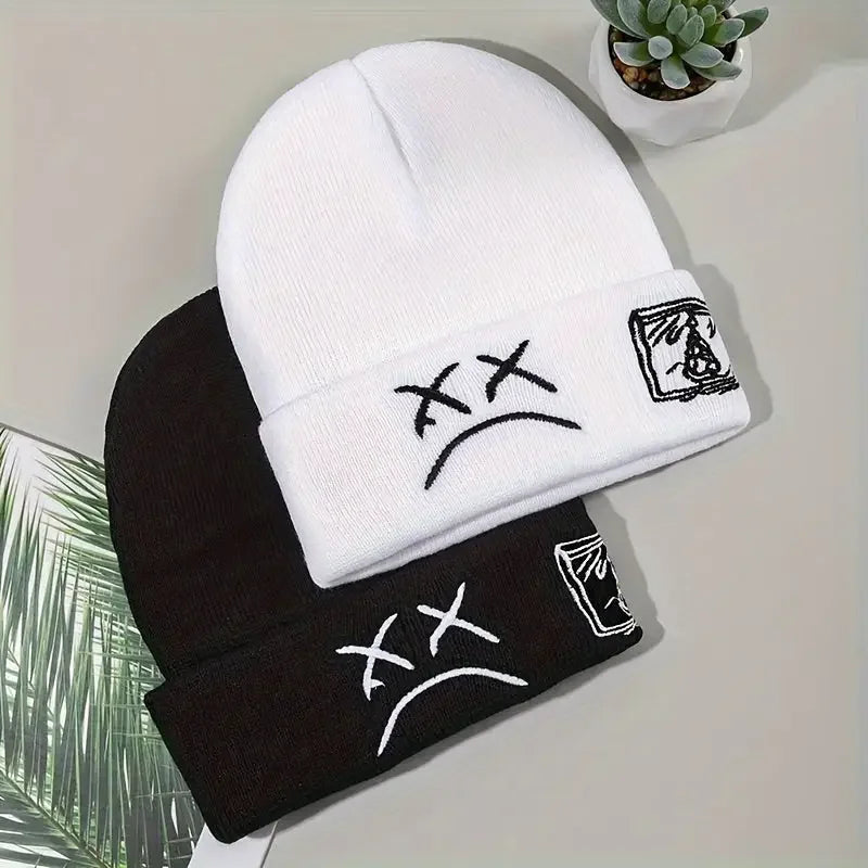 Sad Face Embroidered Beanie - Trendy Graphic Knit Hat for Casual Style - Buzzastore
