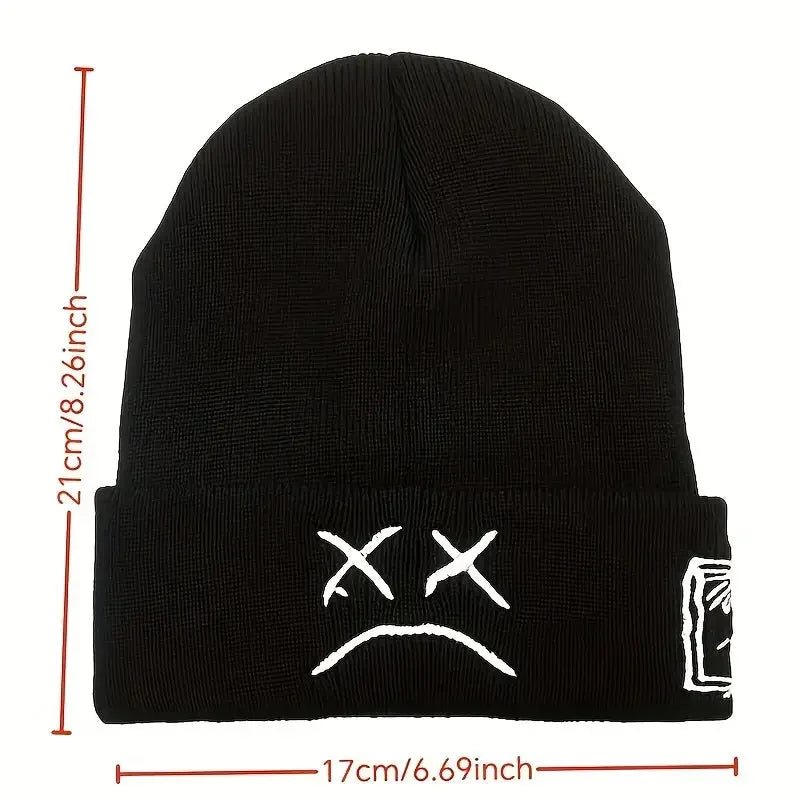 Sad Face Embroidered Beanie - Trendy Graphic Knit Hat for Casual Style - Buzzastore