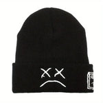 Sad Face Embroidered Beanie - Trendy Graphic Knit Hat for Casual Style - Buzzastore