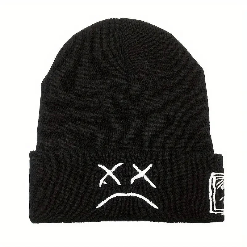 Sad Face Embroidered Beanie - Trendy Graphic Knit Hat for Casual Style - Buzzastore