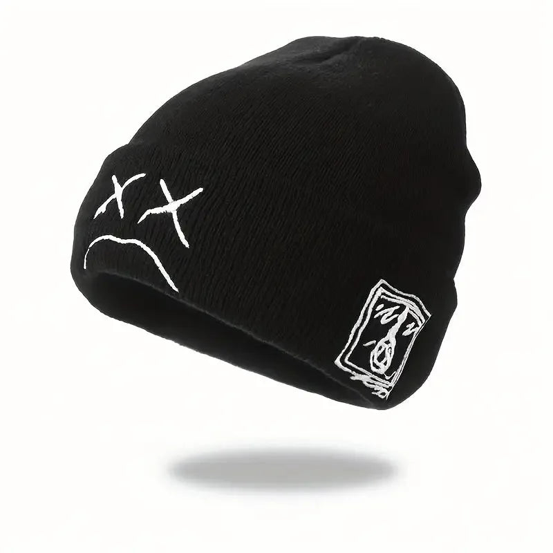 Sad Face Embroidered Beanie - Trendy Graphic Knit Hat for Casual Style - Buzzastore