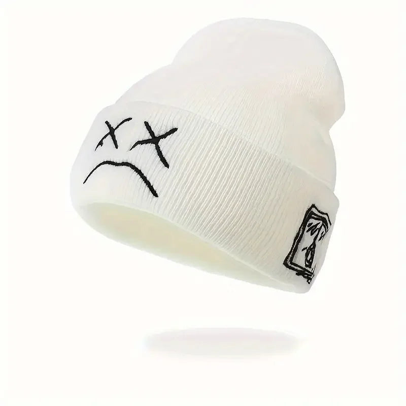 Sad Face Embroidered Beanie - Trendy Graphic Knit Hat for Casual Style - Buzzastore
