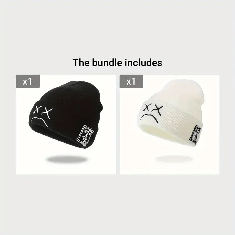 Sad Face Embroidered Beanie - Trendy Graphic Knit Hat for Casual Style - Buzzastore