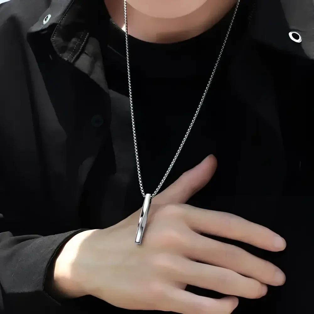 Mens Black Rectangle Pendant Necklace with Steel Chain - Buzzastore
