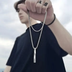Mens Black Rectangle Pendant Necklace with Steel Chain - Buzzastore