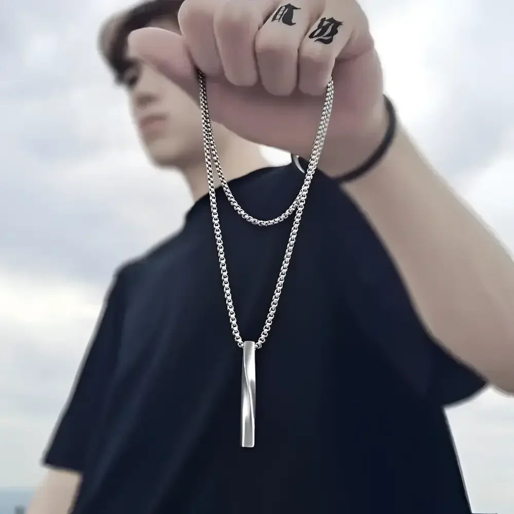 Mens Black Rectangle Pendant Necklace with Steel Chain - Buzzastore