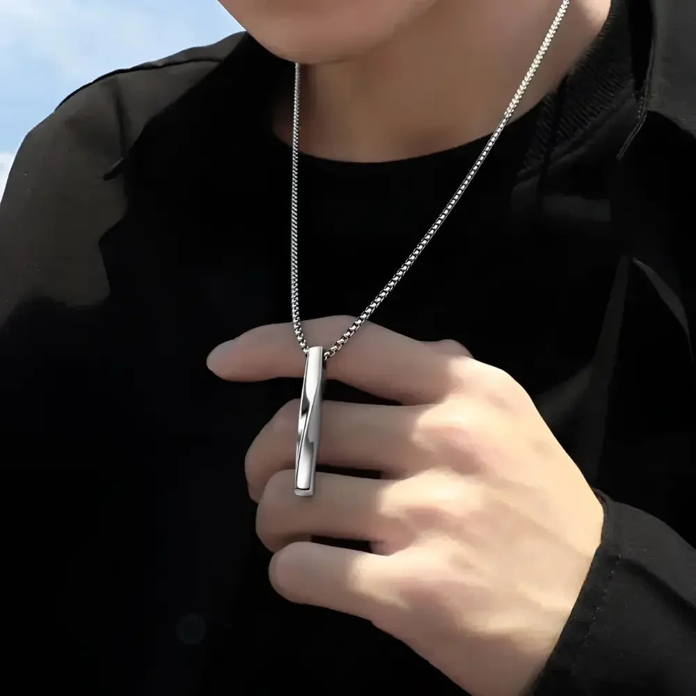 Mens Black Rectangle Pendant Necklace with Steel Chain - Buzzastore