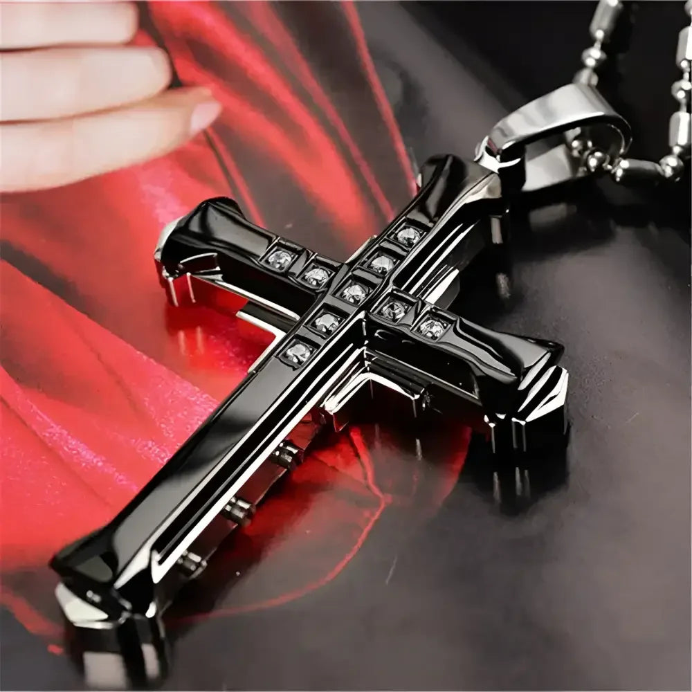 Mens Black Rectangle Pendant Necklace with Steel Chain - Buzzastore