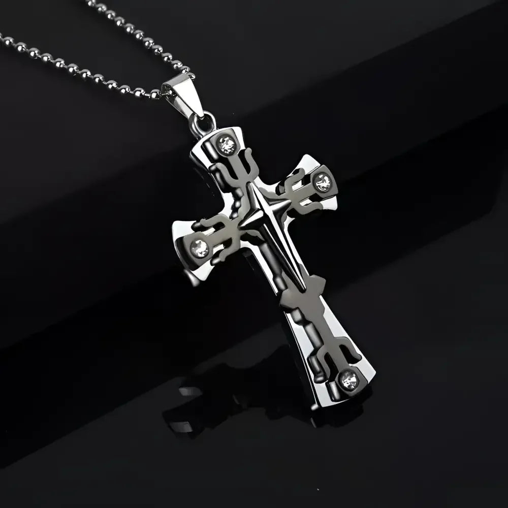 Mens Black Rectangle Pendant Necklace with Steel Chain - Buzzastore