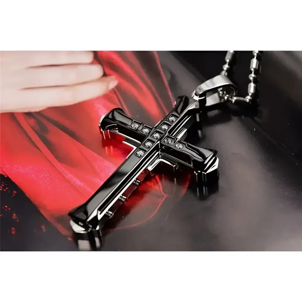 Mens Black Rectangle Pendant Necklace with Steel Chain - Buzzastore