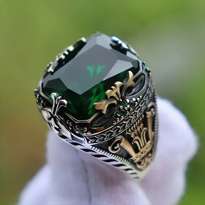 Handmade Turkish Signet Ring for Men with Mystic Zircon Inlay - Vintage Silver Carved Biker Jewelry - Buzzastore