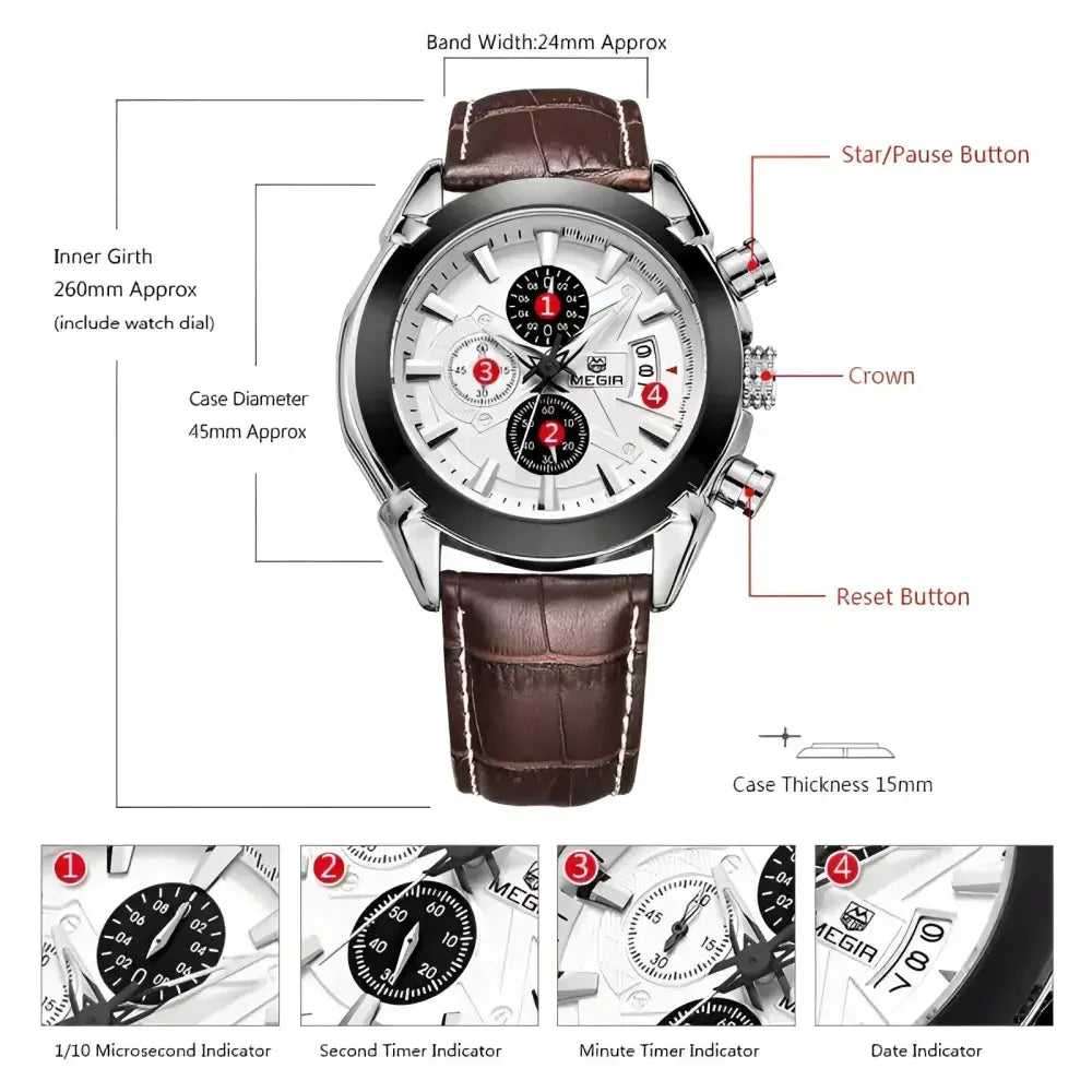 Multifunctional Mens Watch - Megir 2020G Stylish Timepiece with Chronograph and Date Display - Buzzastore