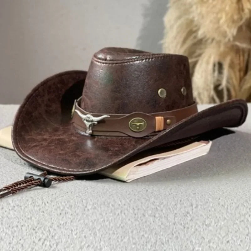 Faux Leather Western Cowboy Hat for Men Women - Vintage Panama Cowgirl Jazz Cap Sombrero - Buzzastore