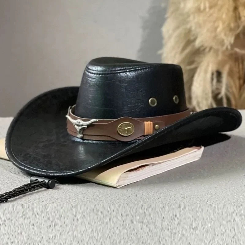 Faux Leather Western Cowboy Hat for Men Women - Vintage Panama Cowgirl Jazz Cap Sombrero - Buzzastore