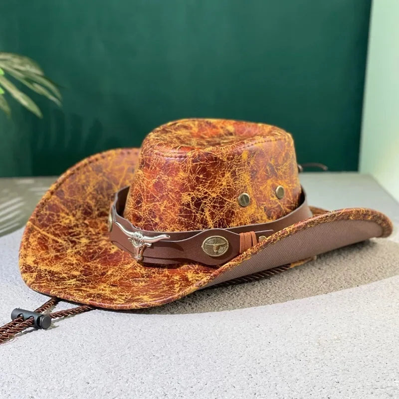 Faux Leather Western Cowboy Hat for Men Women - Vintage Panama Cowgirl Jazz Cap Sombrero - Buzzastore