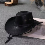 Faux Leather Western Cowboy Hat for Men Women - Vintage Panama Cowgirl Jazz Cap Sombrero - Buzzastore