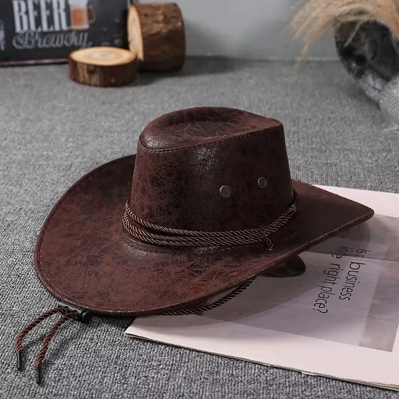 Faux Leather Western Cowboy Hat for Men Women - Vintage Panama Cowgirl Jazz Cap Sombrero - Buzzastore
