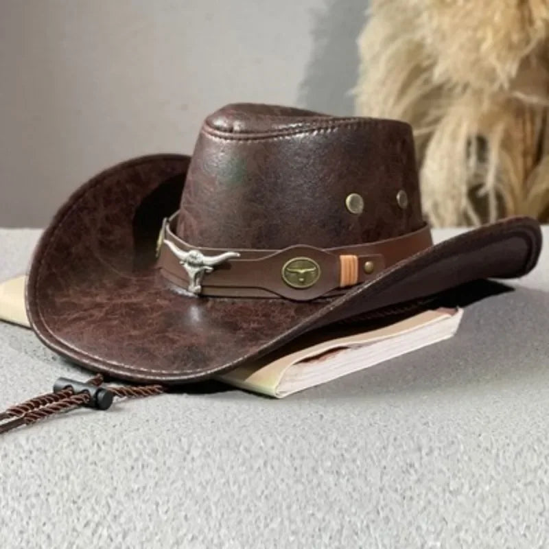 Faux Leather Western Cowboy Hat for Men Women - Vintage Panama Cowgirl Jazz Cap Sombrero - Buzzastore