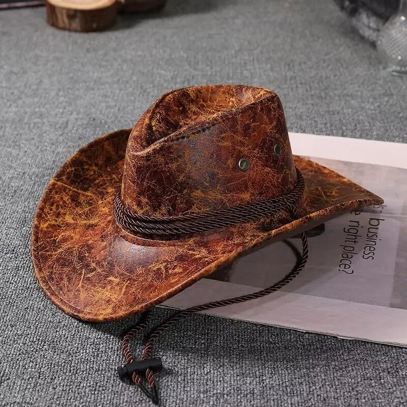 Faux Leather Western Cowboy Hat for Men Women - Vintage Panama Cowgirl Jazz Cap Sombrero - Buzzastore