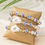 Baroque Pearl Bracelet for Women - Elastic Blue and White Porcelain Beaded Jewelry - Buzzastore