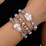 Baroque Pearl Bracelet for Women - Elastic Blue and White Porcelain Beaded Jewelry - Buzzastore