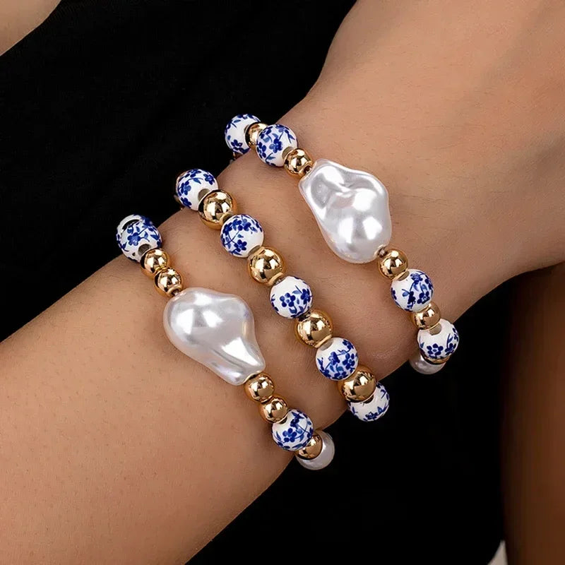 Baroque Pearl Bracelet for Women - Elastic Blue and White Porcelain Beaded Jewelry - Buzzastore
