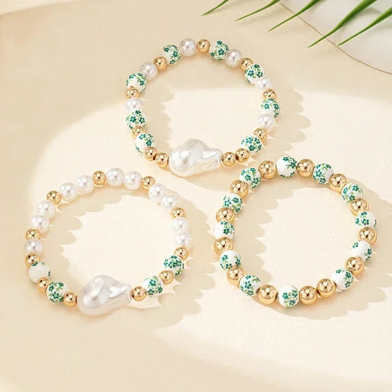 Baroque Pearl Bracelet for Women - Elastic Blue and White Porcelain Beaded Jewelry - Buzzastore