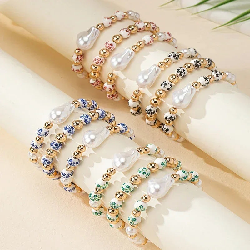 Baroque Pearl Bracelet for Women - Elastic Blue and White Porcelain Beaded Jewelry - Buzzastore