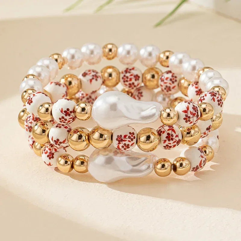 Baroque Pearl Bracelet for Women - Elastic Blue and White Porcelain Beaded Jewelry - Buzzastore