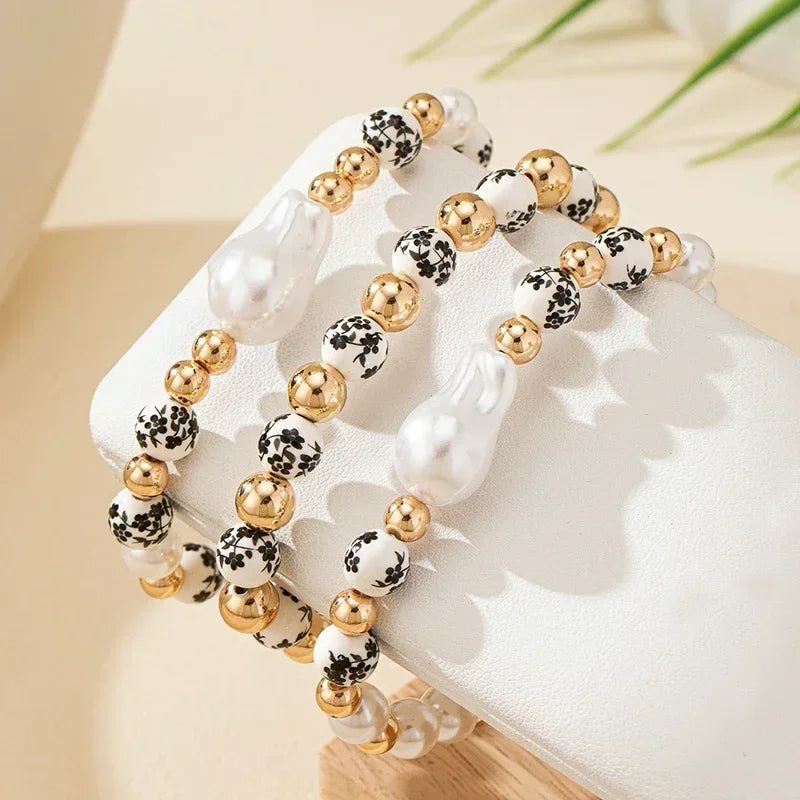 Baroque Pearl Bracelet for Women - Elastic Blue and White Porcelain Beaded Jewelry - Buzzastore