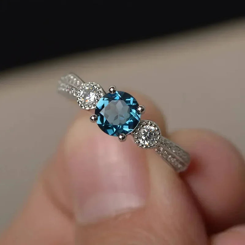 925 Sterling Silver Sea Blue Round Zircon Ring - Elegant Promise Wedding Jewelry for Women - Buzzastore