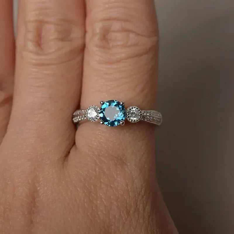 925 Sterling Silver Sea Blue Round Zircon Ring - Elegant Promise Wedding Jewelry for Women - Buzzastore