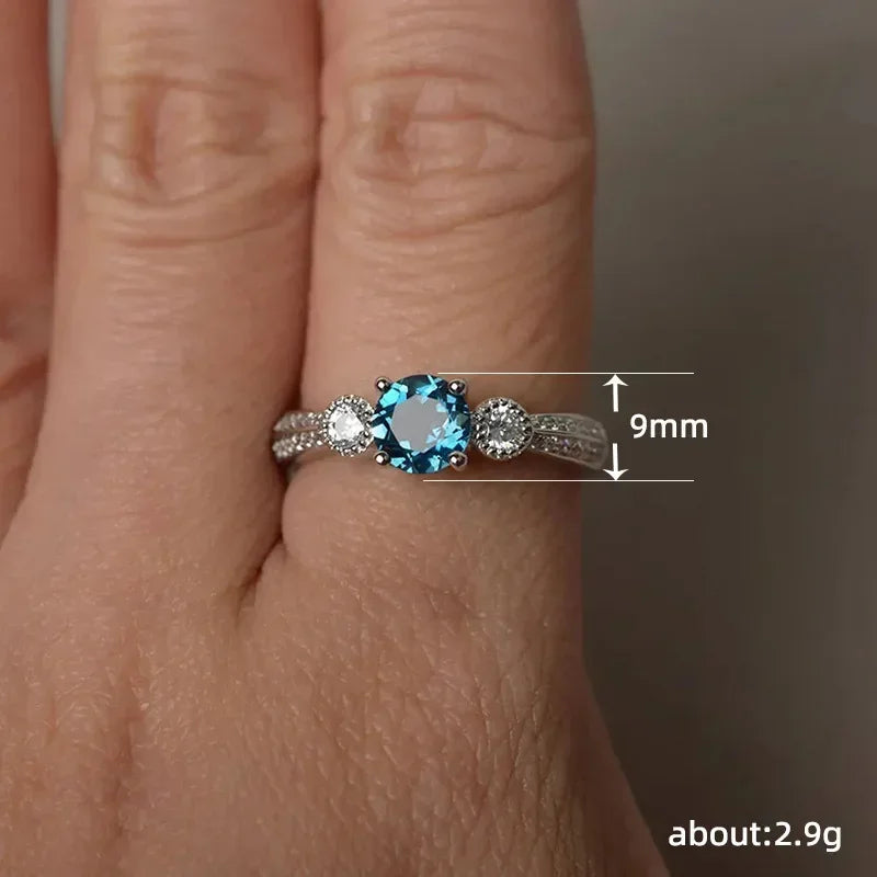 925 Sterling Silver Sea Blue Round Zircon Ring - Elegant Promise Wedding Jewelry for Women - Buzzastore