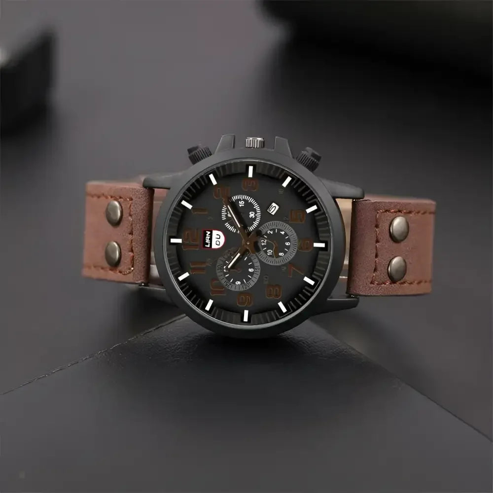 Mens Black Leather Chronograph Watch - Casual Style for Everyday Wear - Buzzastore