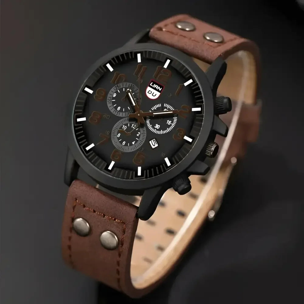 Mens Black Leather Chronograph Watch - Casual Style for Everyday Wear - Buzzastore