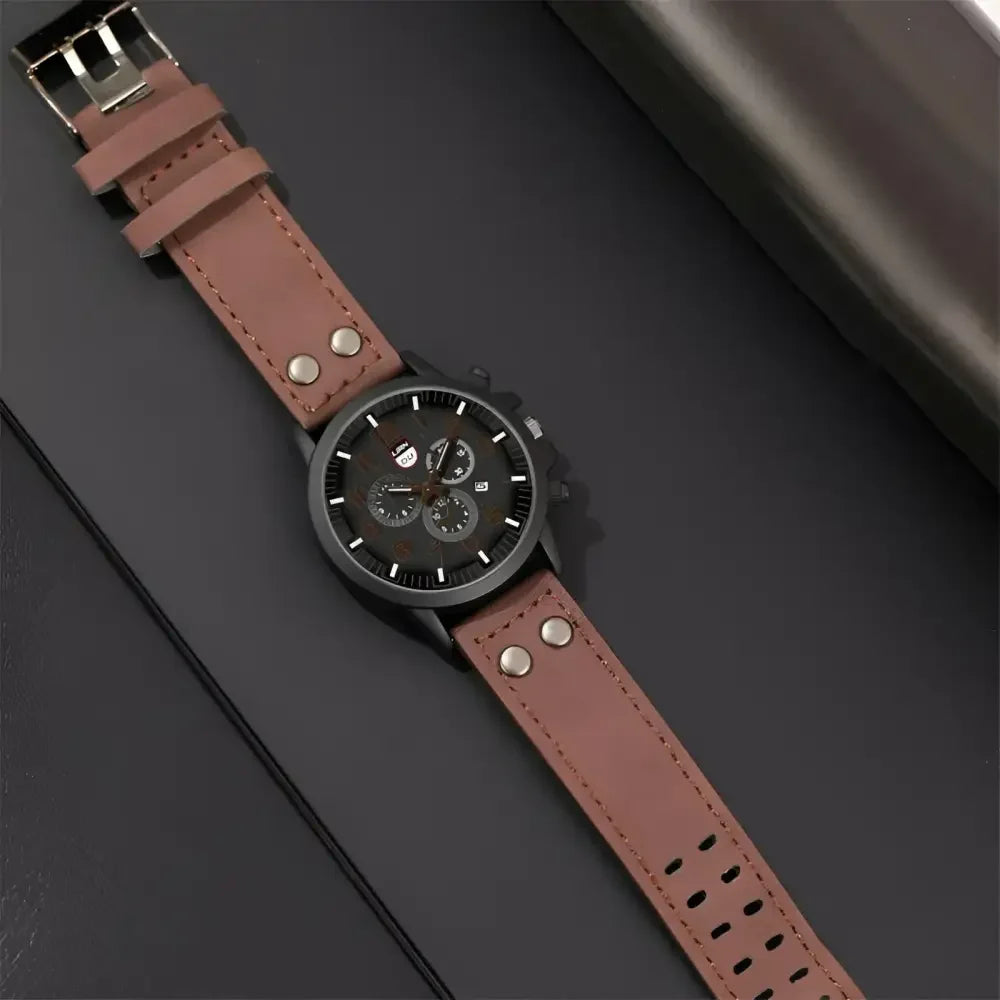 Mens Black Leather Chronograph Watch - Casual Style for Everyday Wear - Buzzastore