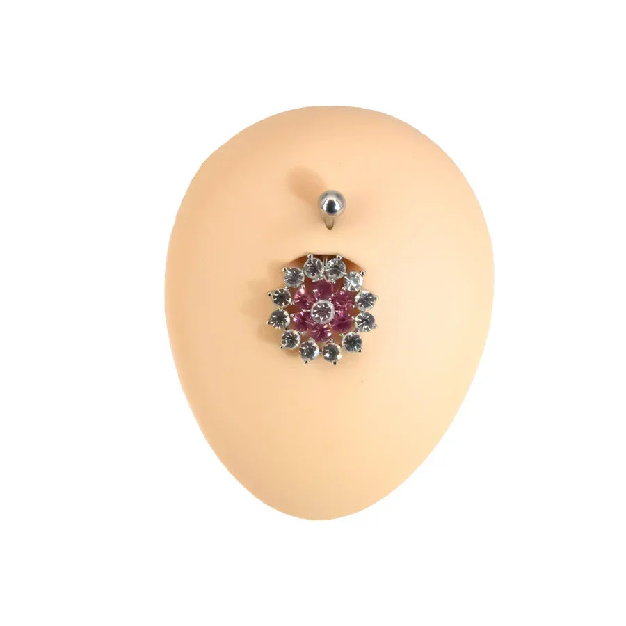 14G Stainless Steel Crystal Gem Flower Belly Piercing Elegant Body Jewelry for Women - Buzzastore