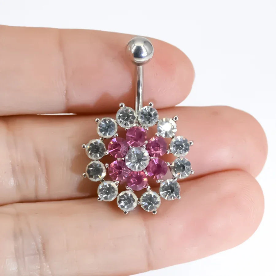 14G Stainless Steel Crystal Gem Flower Belly Piercing Elegant Body Jewelry for Women - Buzzastore